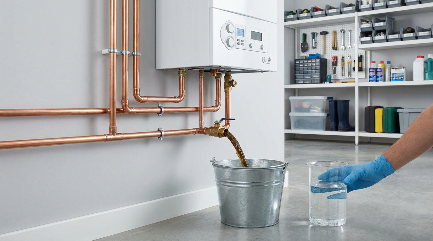 A modern boiler with copper pipes drains murky brown sludge into a bucket, while a gloved hand holds a beaker of clear water.