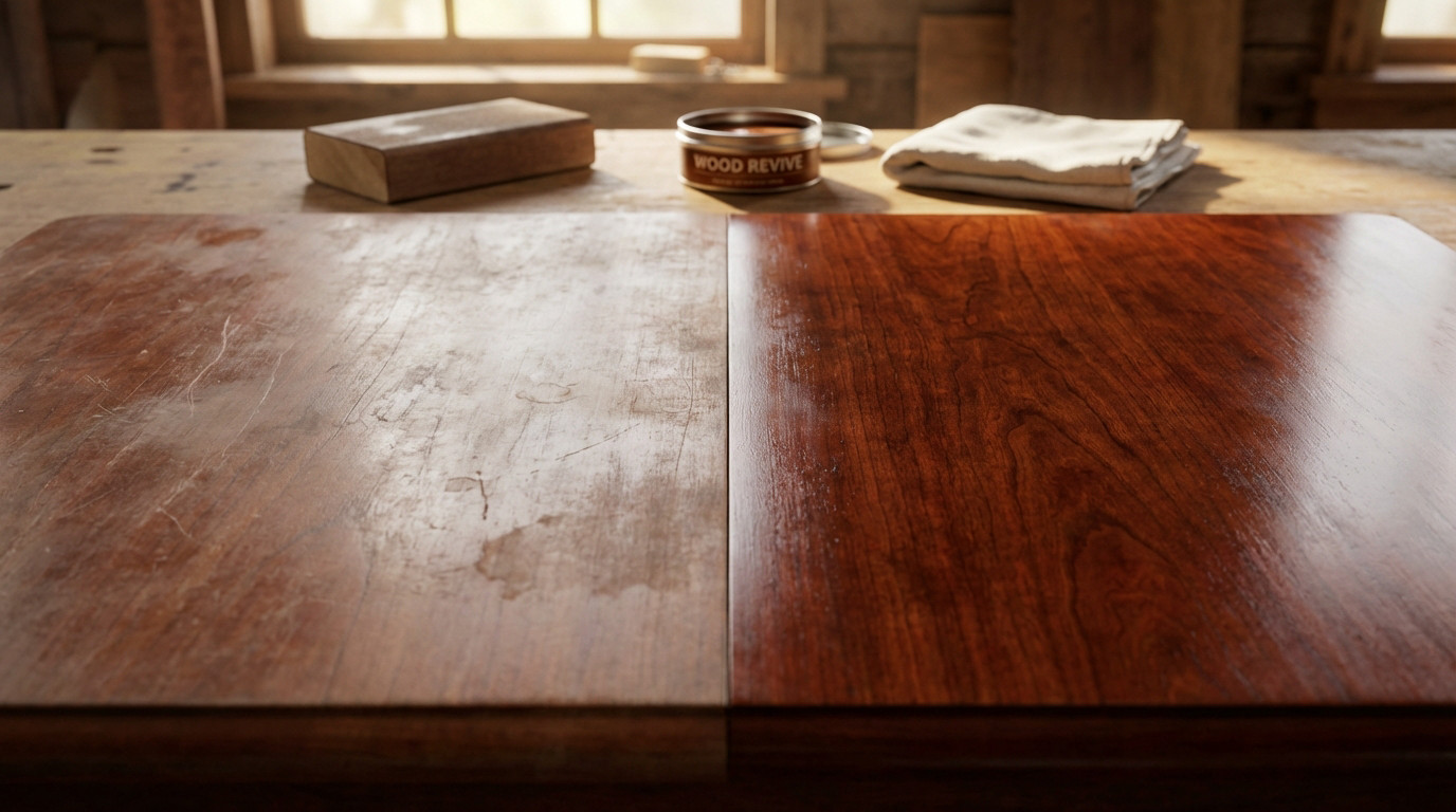 Photorealistic image of a cherry wood table split into 'before and after' sections. Left side is dull and worn, right side is polished and vibrant. Restoration tools are in the background.