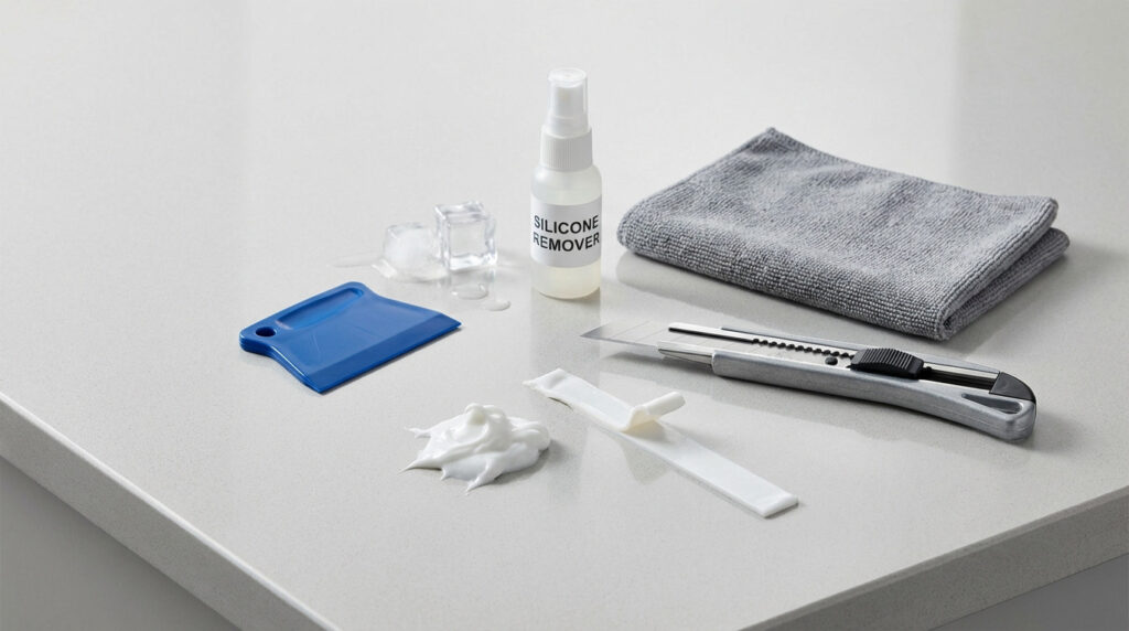 Photorealistic image of silicone removal tools: fresh/cured silicone, scraper, knife, spray, ice, and cloth on a light grey counter.