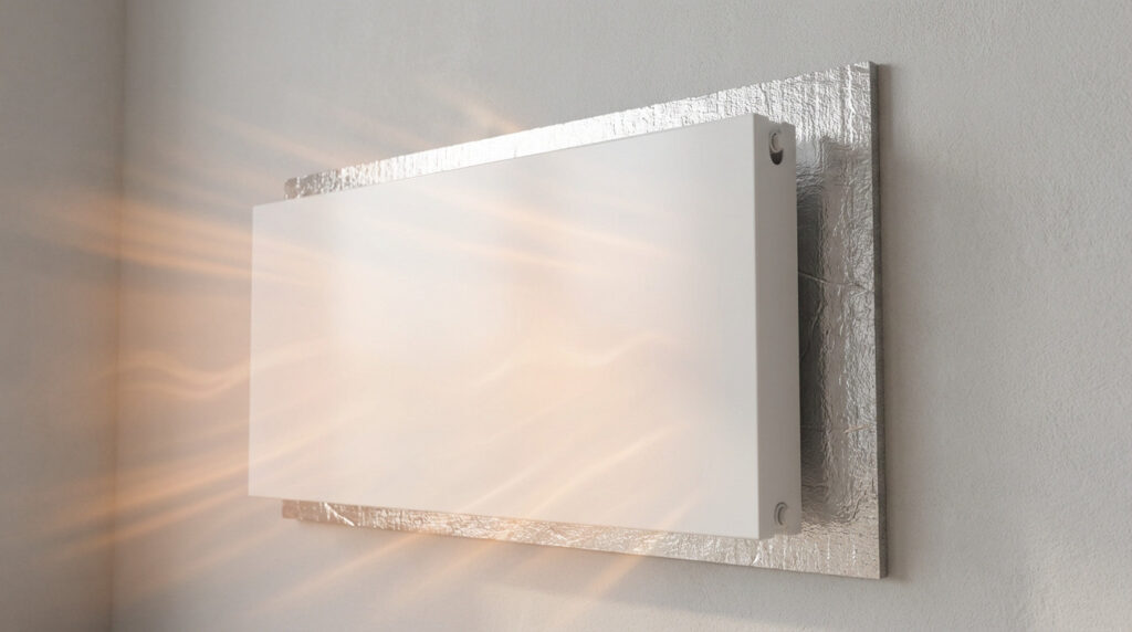 Modern white radiator on a grey wall with reflective insulation behind it. Warm light emanates, showing efficient heating.
