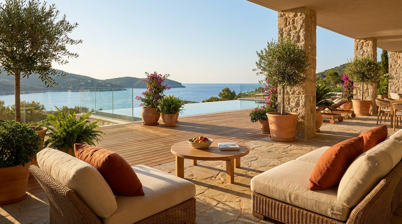 Sunlit, luxurious outdoor terrace with lounge chairs, low table, potted plants, and an infinity pool overlooking a calm blue sea.