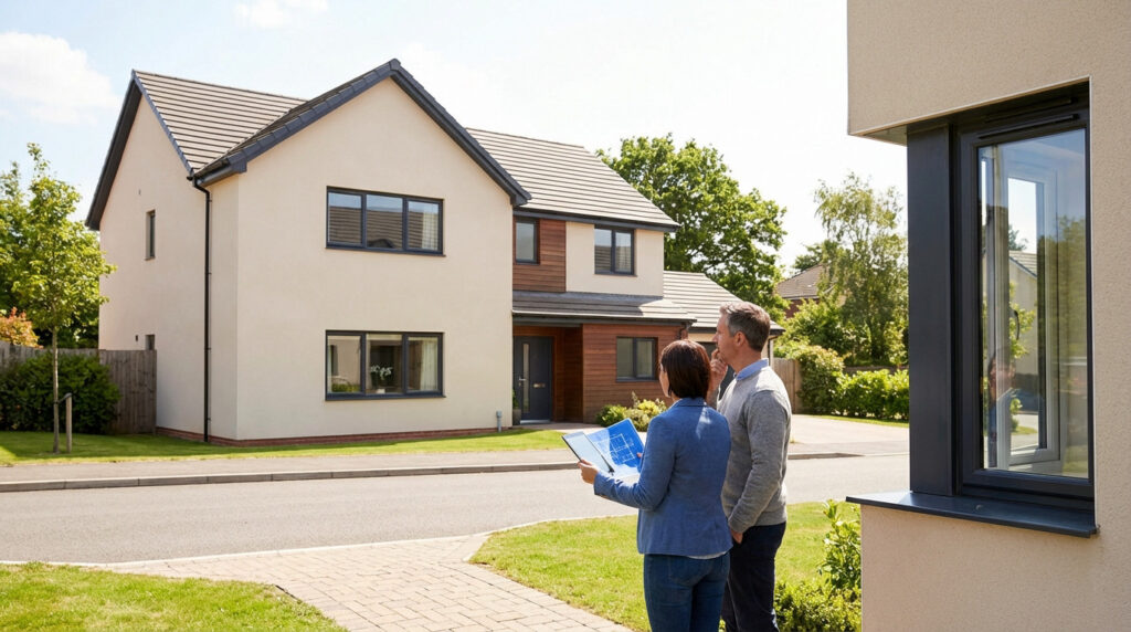 Man and woman inspect a new suburban home, one with architectural plans, considering construction details and overall quality.