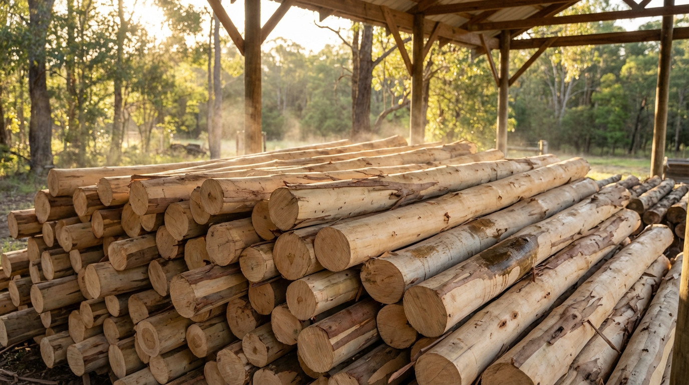 Stacked eucalyptus logs drying outdoors under a shed, bathed in warm sunlight. Subtle mist rises, indicating natural seasoning.