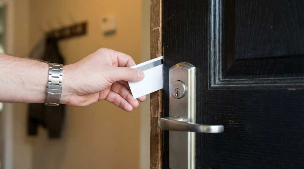 A hand inserts a white card into the gap of a dark, stuck door near its brushed metal handle and lock, illuminated by natural light.
