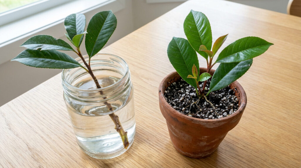 Two Photinia cuttings on a wooden table, contrasting propagation methods: water (browning stem) vs. soil (healthy growth, roots).