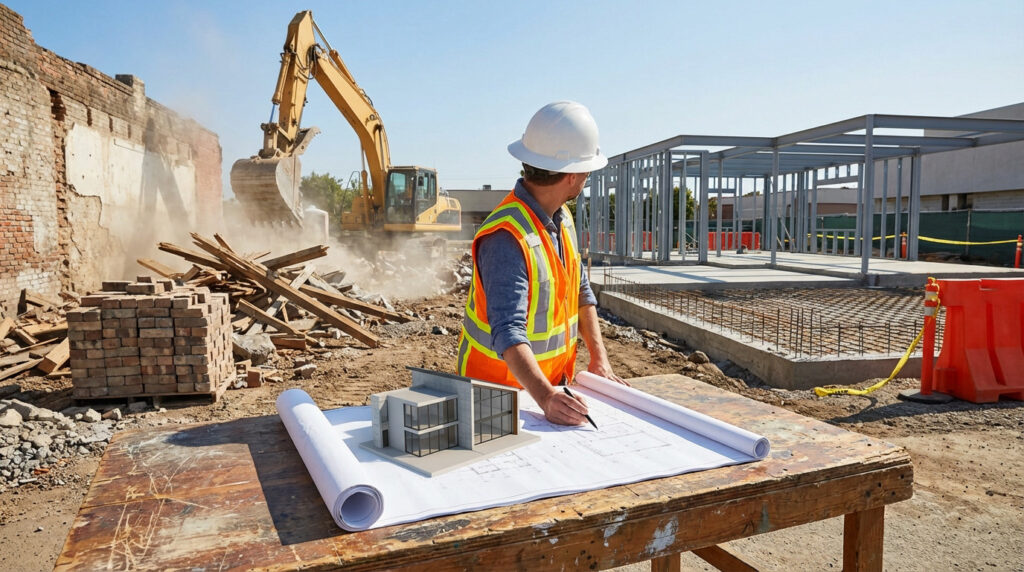 A construction worker reviews blueprints and a model of a modern house on a table, flanked by demolition and new construction.