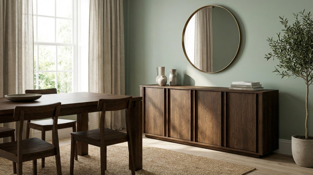 Interior de sala de jantar elegante com mesa e aparador de carvalho escuro, parede verde sálvia, espelho e luz natural.