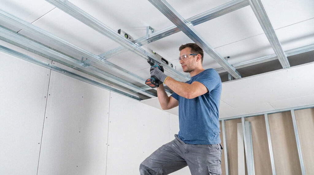 Man in safety glasses drilling into metallic ceiling framework for plasterboard, showing precision and focus.