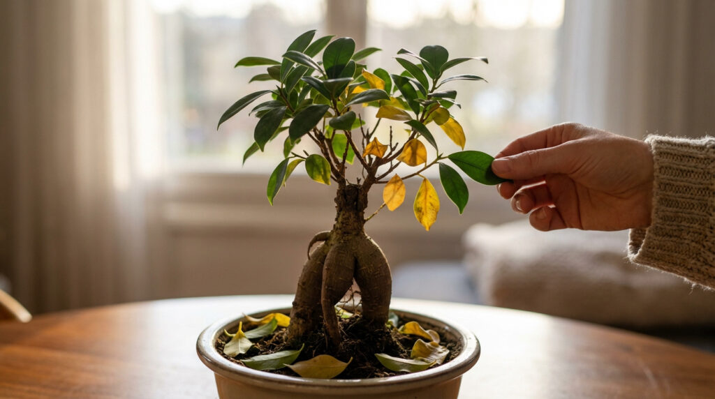 Main caressant un ficus bonsai sur une table, ses feuilles vertes et jaunes indiquant des problèmes. Lumière naturelle en arrière-plan.