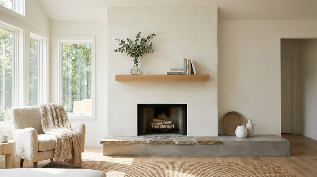 Cheminée modernisée avec un manteau en bois clair, un foyer minimaliste et un banc en béton et pierre dans un salon lumineux.
