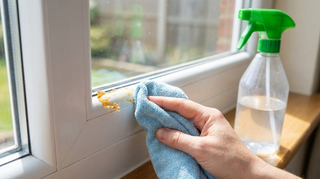 Hand cleaning glue from white PVC window frame with blue cloth; blurred spray bottle in natural light, conveying precision.