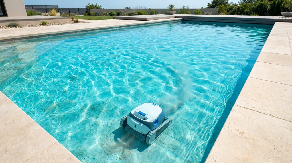 Outdoor pool with crystal clear turquoise water, a robotic cleaner actively sweeping the light-colored floor under bright sunlight.