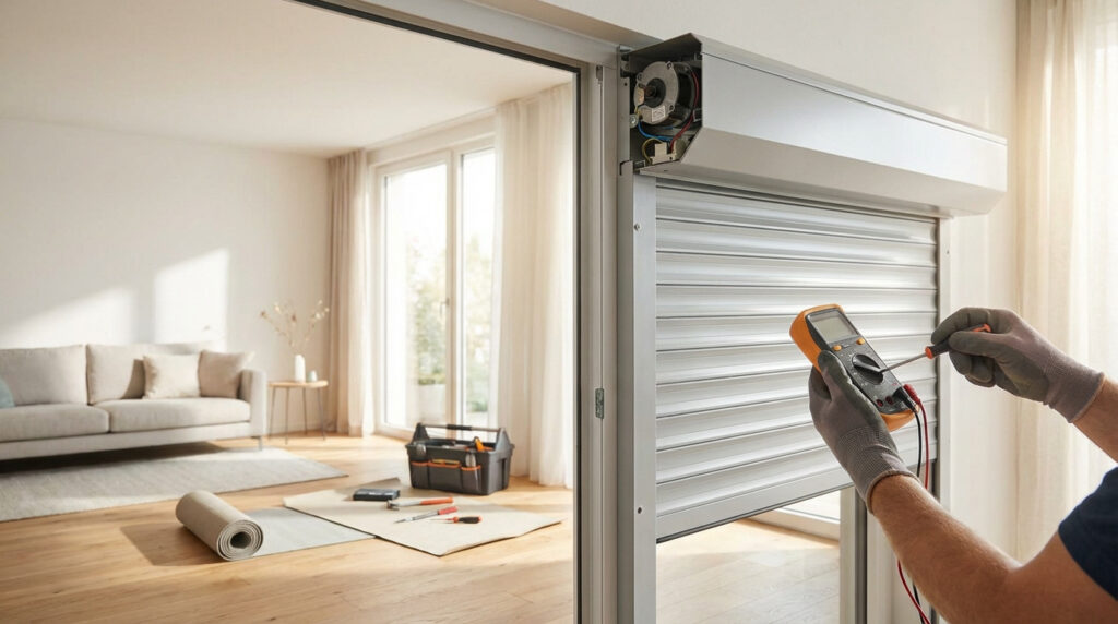 Mains gantées mesurant le moteur d'un volet roulant électrique ouvert avec un multimètre, dans un salon moderne. Outils au sol.