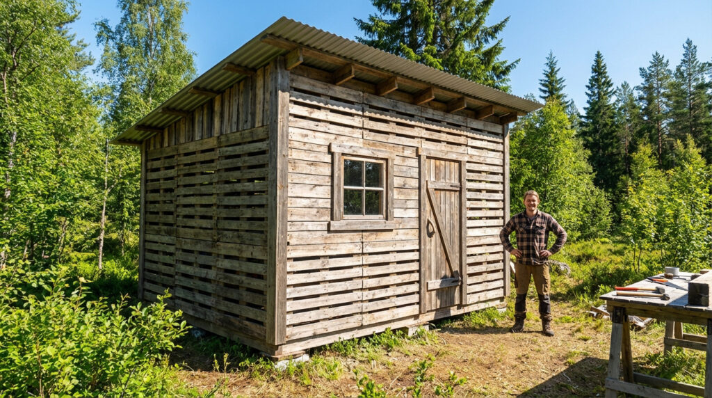 Man smiles proudly beside his rustic cabin built from wooden pallets with a metal roof, set in a sunlit, lush green forest.