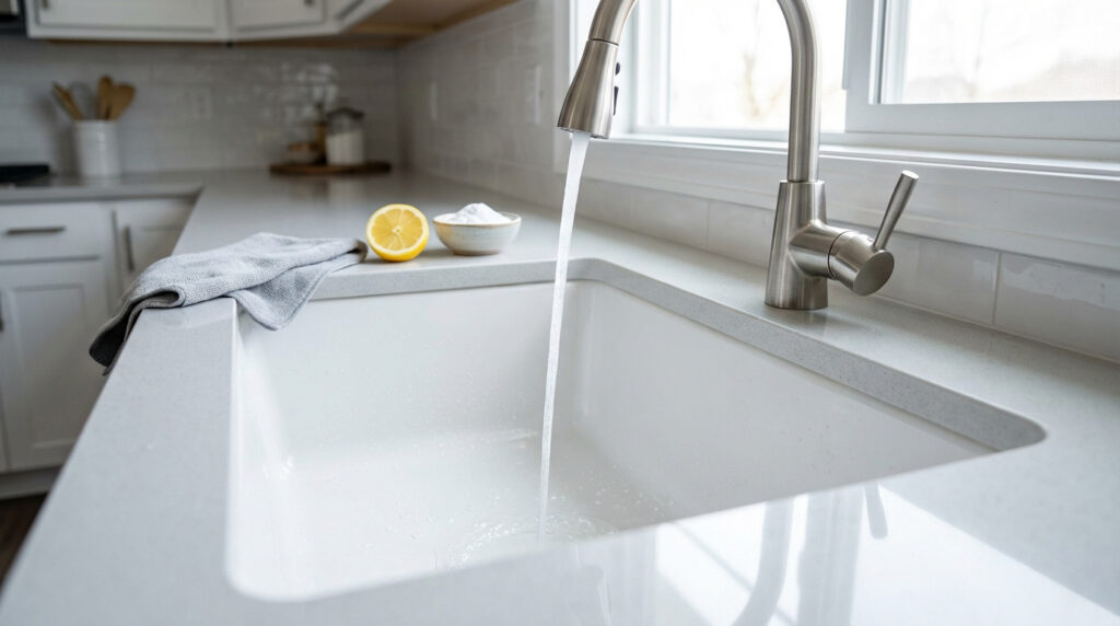 Un évier de cuisine moderne en granit clair avec robinet, eau qui coule, demi-citron, bicarbonate de soude et lavette grise sur le comptoir.