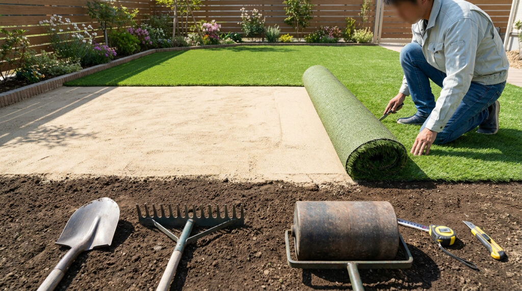 Worker installing artificial turf on a prepared sand base in a bright garden. Tools like a shovel, rake, roller, and knife are in the foreground.