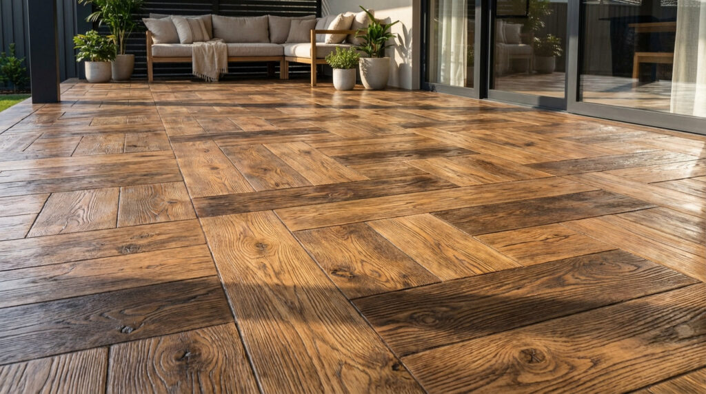 Photorealistic stamped concrete outdoor patio floor, expertly mimicking wood parquet with realistic grain, knots, and warm brown tones.
