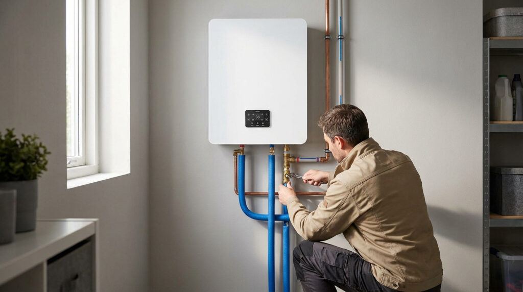 Technician adjusts color-coded pipes on a sleek, modern flat water heater mounted on a light wall in a clean utility room with natural light.