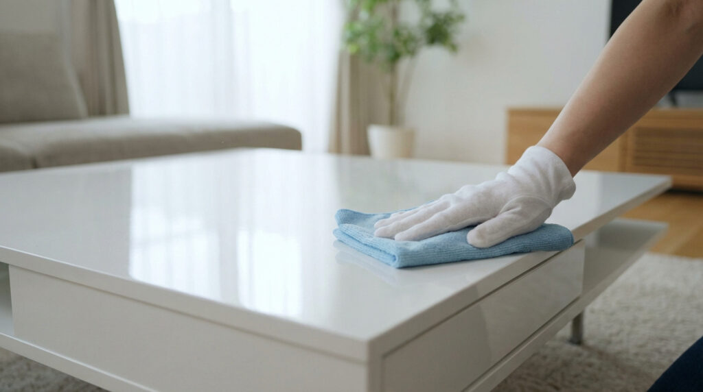Main gantée de blanc nettoyant une table basse laquée blanche avec un chiffon bleu dans un salon lumineux.