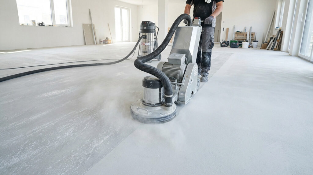 Industrial floor sander removing laitance from light grey anhydrite screed. A distinct line shows the powdery unsanded vs. smooth sanded floor.