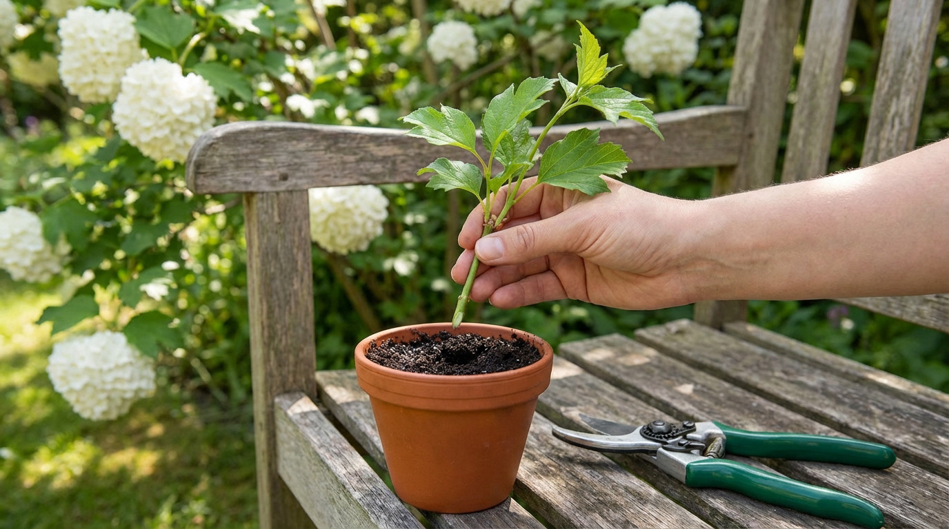 A hand holds a fresh Viburnum cutting over a pot of soil, with pruning shears and blurred snowball viburnum flowers in background.