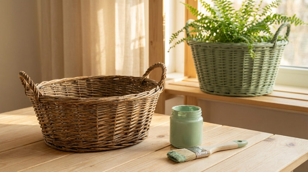 A rustic wicker basket sits on a wooden surface with pastel green paint and a brush. An upcycled green basket with a fern plant is in the soft-lit background.