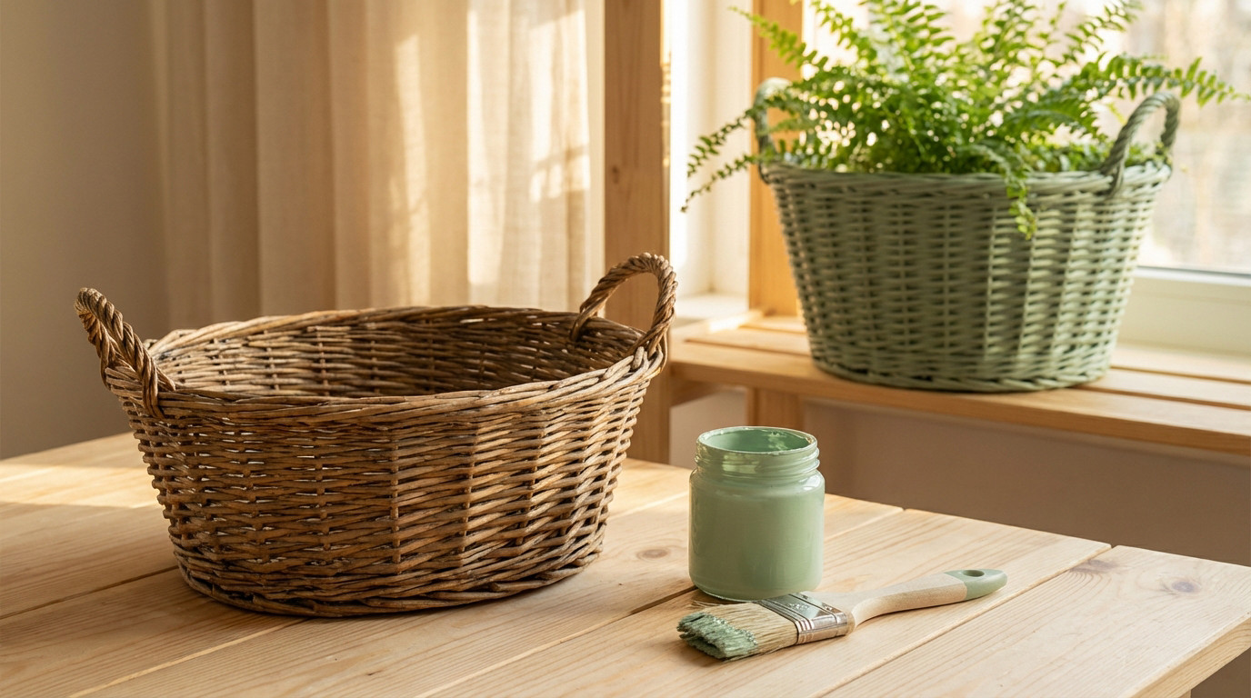 A rustic wicker basket sits on a wooden surface with pastel green paint and a brush. An upcycled green basket with a fern plant is in the soft-lit background.