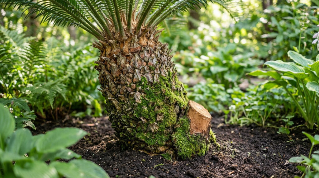 Close-up of a Cycas revoluta trunk, textured and covered in vibrant green moss, with a smooth, clean cut. Soft, blurred garden background.