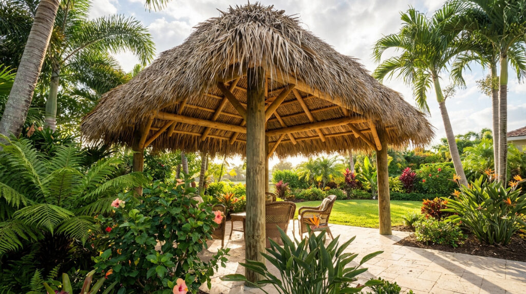 Newly built tiki hut (paillote de jardin) with thatch roof and wood pillars in a sunny, lush tropical garden with palms and flowers.