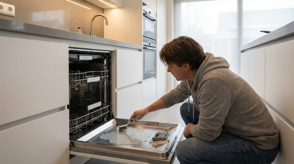 Un homme en gants nettoie l'intérieur d'un lave-vaisselle ouvert avec une brosse, de l'eau stagnante visible.