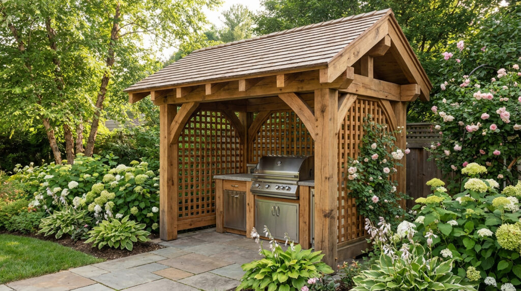 Abri barbecue en bois robuste avec grill intégré, sur une terrasse en pierre, au milieu d'un jardin luxuriant de roses et d'hortensias.