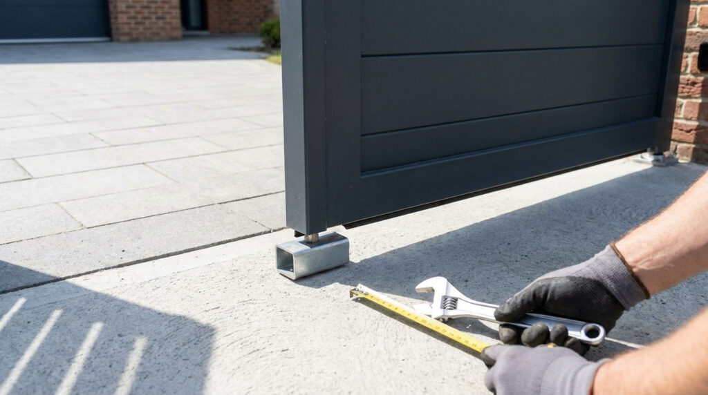 Personne ajustant la hauteur d'un sabot de portail gris moderne avec une clé à molette et un mètre ruban sur un sol pavé clair.