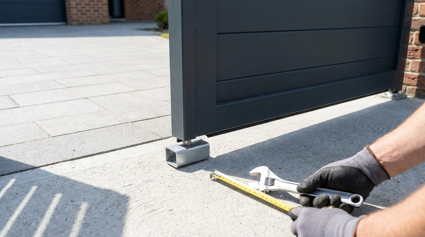 Personne ajustant la hauteur d'un sabot de portail gris moderne avec une clé à molette et un mètre ruban sur un sol pavé clair.