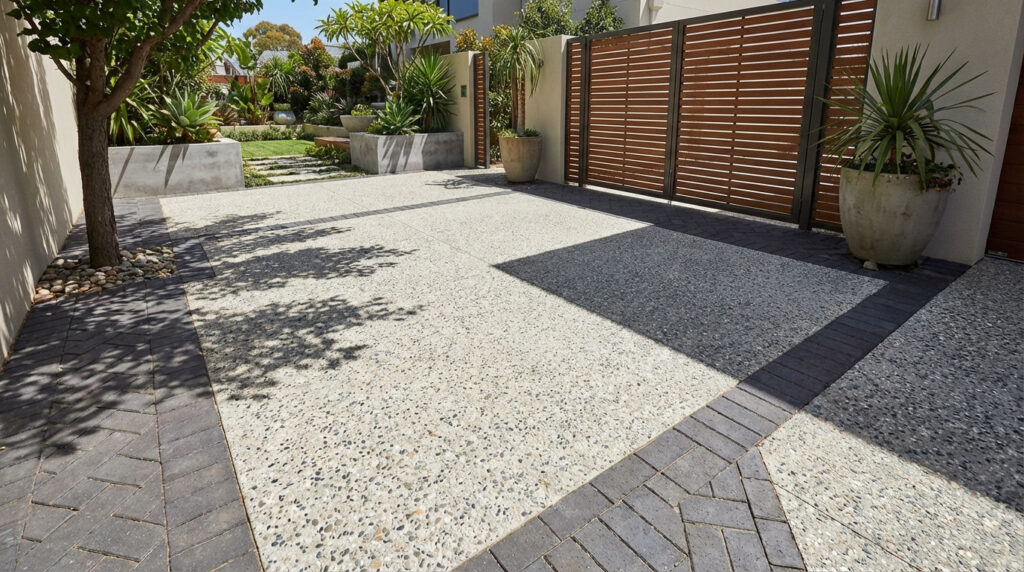Allée contemporaine combinant béton désactivé clair et bordures de pavés gris foncé en chevrons, avec arbres et portail en bois.