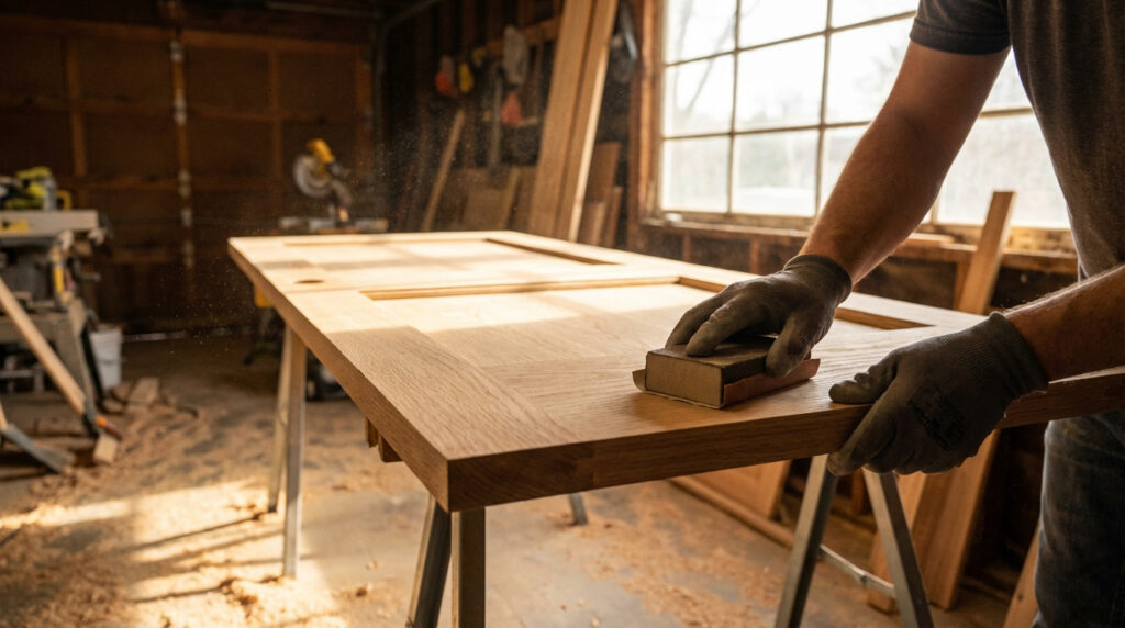 Mains gantées ponçant une porte en bois sur tréteaux dans un atelier. Poussière de bois visible sous l'éclairage naturel d'une fenêtre.