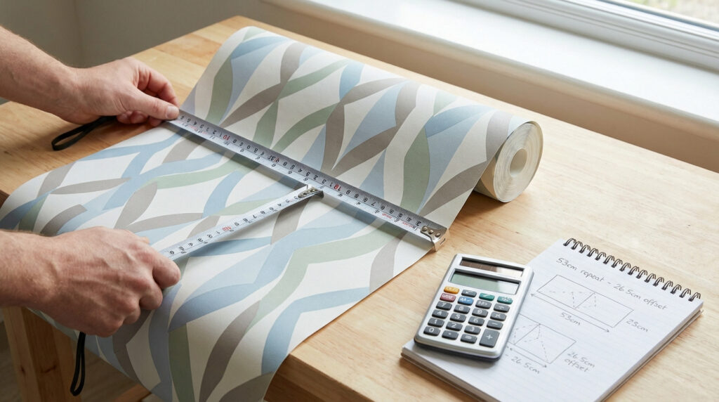 Des mains mesurent un rouleau de papier peint à motifs avec un mètre, à côté d'une calculatrice et notes de raccord sauté.