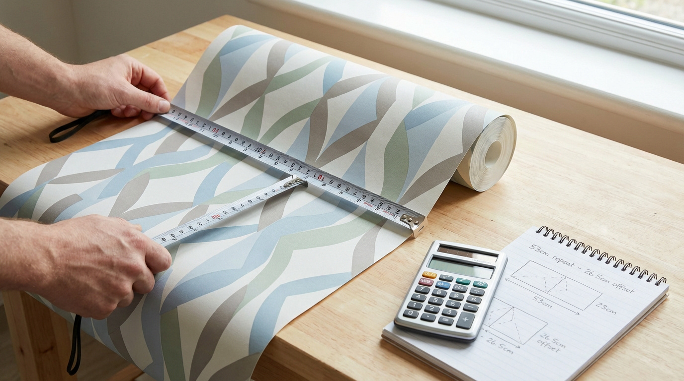 Des mains mesurent un rouleau de papier peint à motifs avec un mètre, à côté d'une calculatrice et notes de raccord sauté.