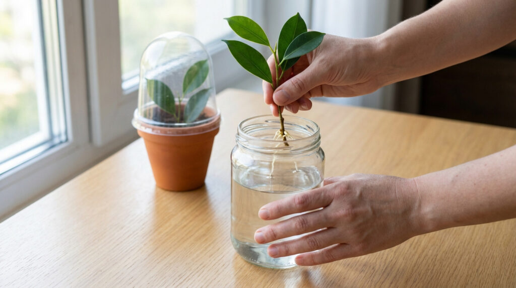 Une personne met une bouture de ficus enracinée dans un bocal d'eau, avec un jeune plant sous cloche à l'arrière-plan.