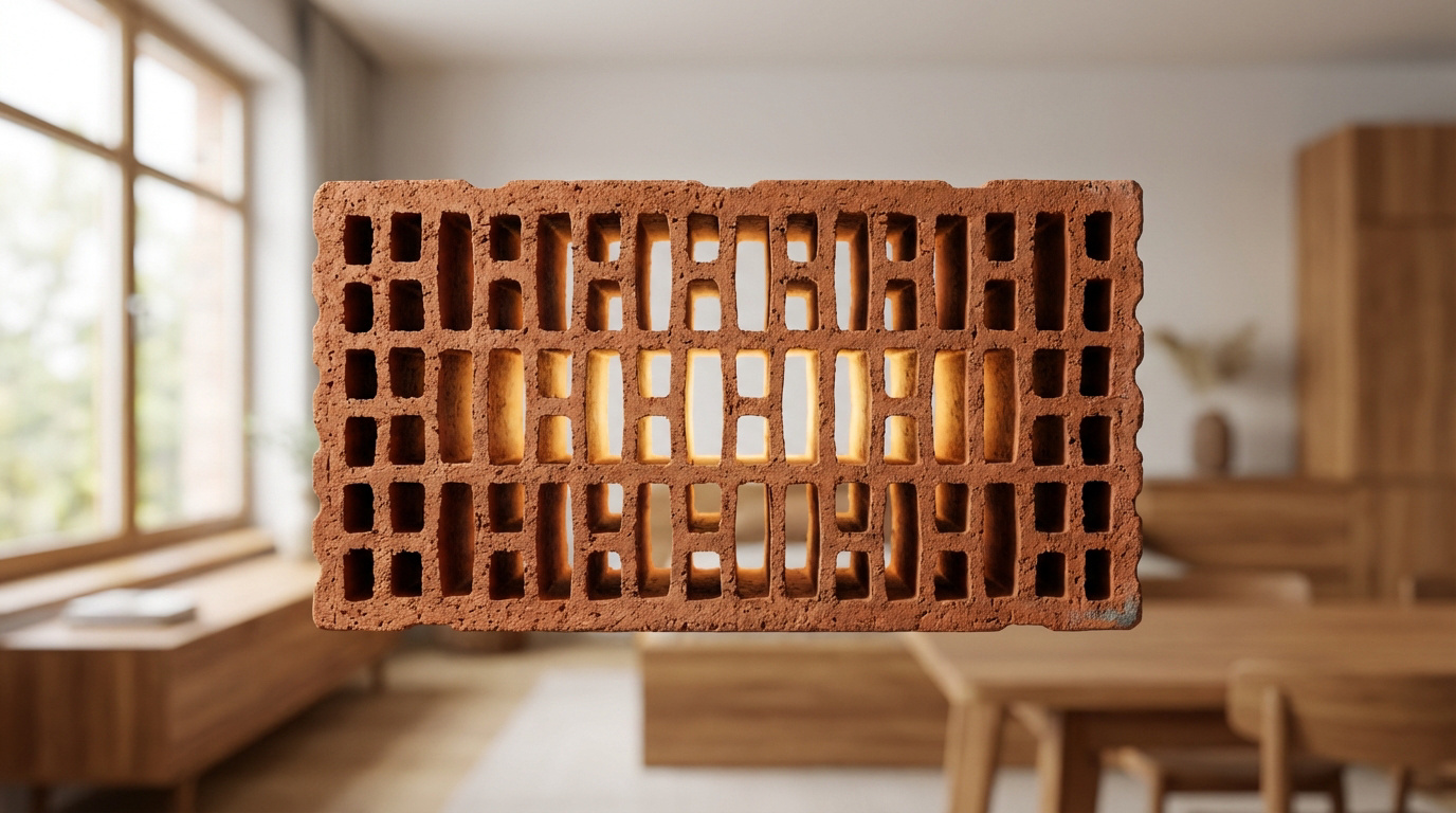 Une brique alvéolaire rouge, ses perforations illuminées, suspendue dans un intérieur lumineux avec fenêtre et mobilier en bois.