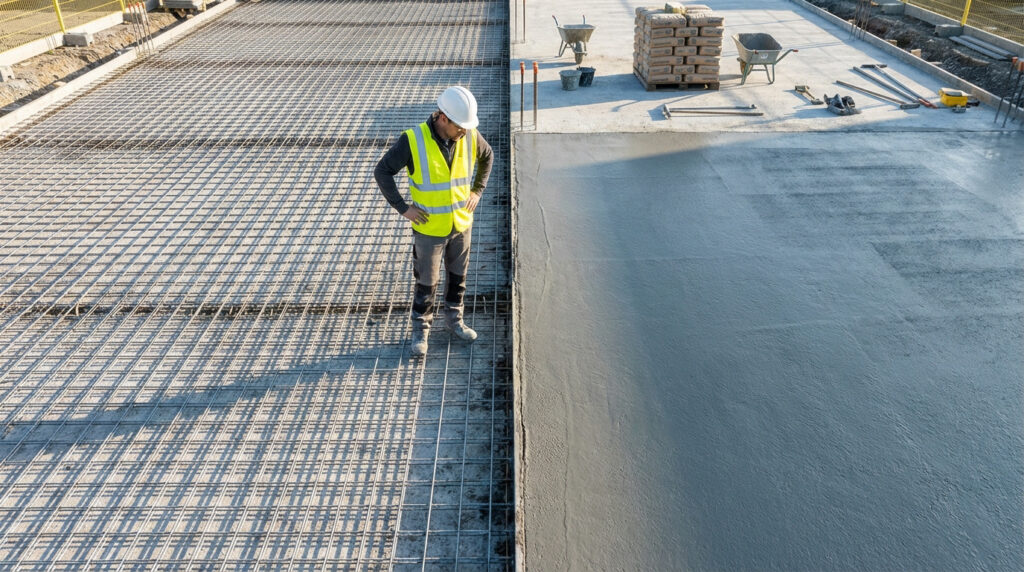 Ouvrier en casque et gilet jaune sur chantier, à la jonction entre treillis soudé posé et béton frais coulé.