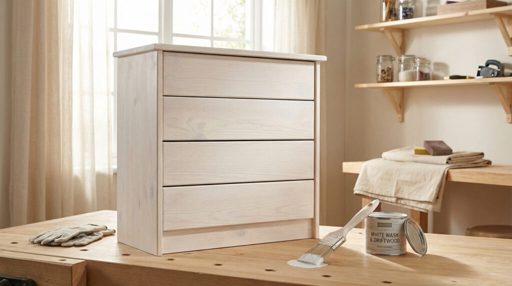 Commode en pin en cours de blanchiment sur un établi. Pinceau, peinture "whitewash", gants et accessoires de ponçage sont disposés.