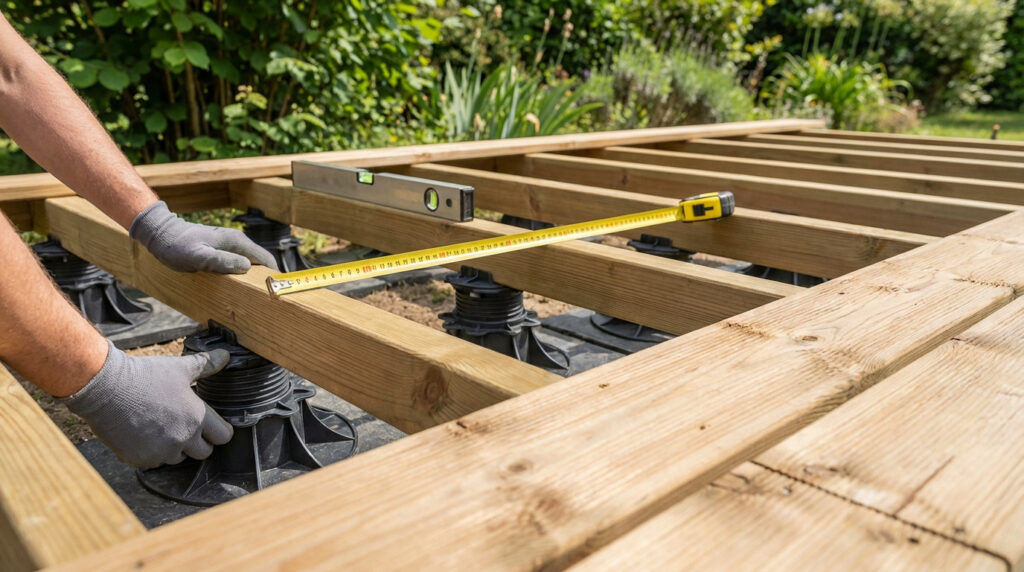 Personne posant une terrasse en bois sur plots. Elle mesure l'espacement des lambourdes avec un mètre et utilise un niveau.