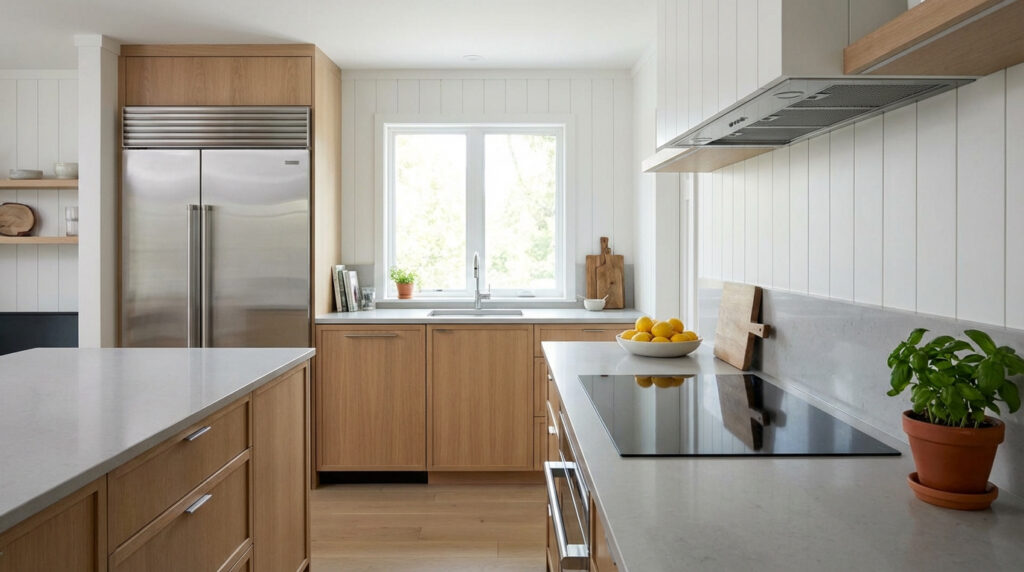 Cuisine moderne et lumineuse avec frigo inox, îlot central, plaque induction, hotte, et meubles en bois clair sous une fenêtre.