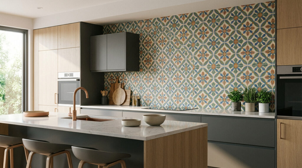 Cuisine moderne avec îlot central, meubles en bois clair et gris anthracite. Crédence murale en carreaux ciment aux motifs colorés.