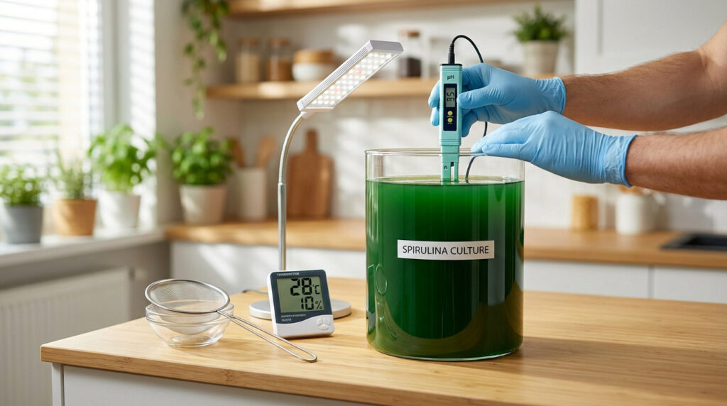 Personne en gants bleus vérifiant le pH d'une culture de spiruline verte dans un bocal en verre, avec lampe de croissance et thermomètre en cuisine.