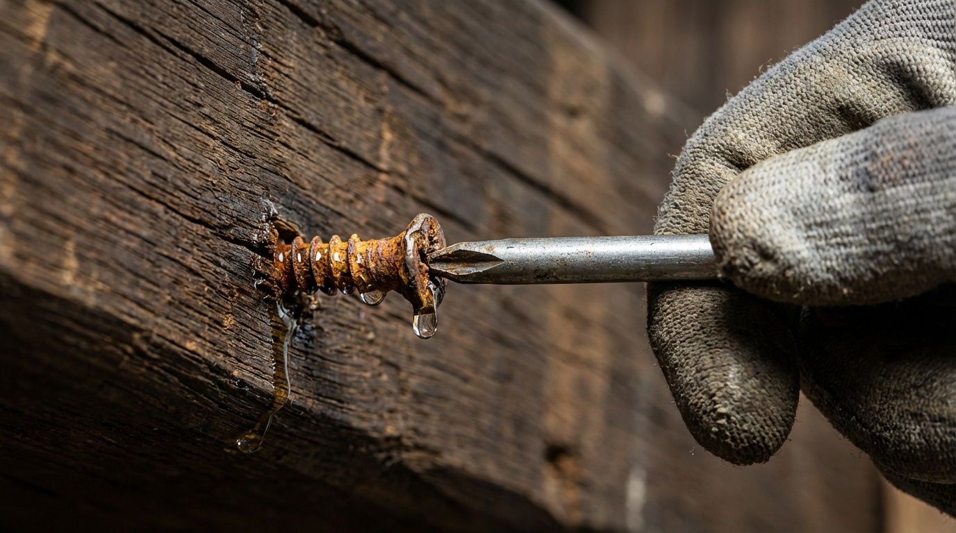 Une main gantée utilise un tournevis sur une vis rouillée dans du bois, avec des gouttes de produit dégrippant.