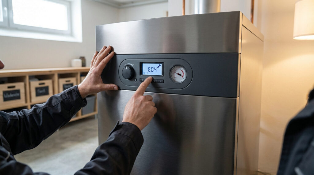 Une personne ajuste une chaudière moderne en acier inoxydable. Son écran numérique affiche le code d'erreur E04 et une icône de clé à molette.