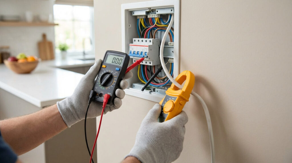 Mains gantées testant un tableau électrique avec multimètre et pince ampèremétrique pour détecter un courant de fuite dans une cuisine.