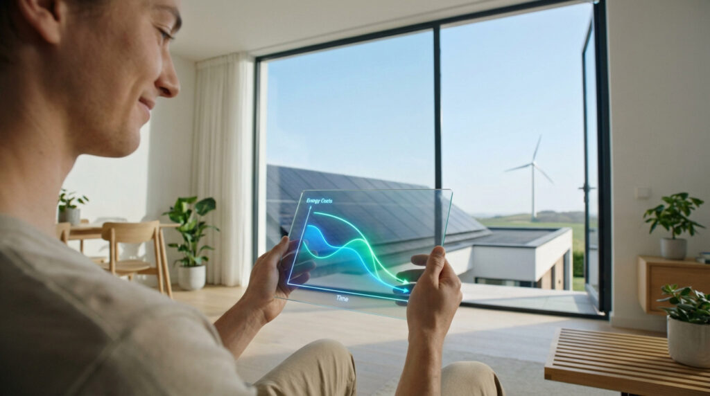 Homme analyse coûts énergie verte sur tablette transparente, avec éolienne et panneaux solaires en arrière-plan.