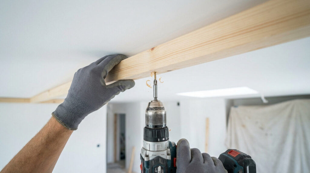 Gros plan sur des mains gantées fixant un tasseau en bois clair au plafond blanc avec une perceuse-visseuse.